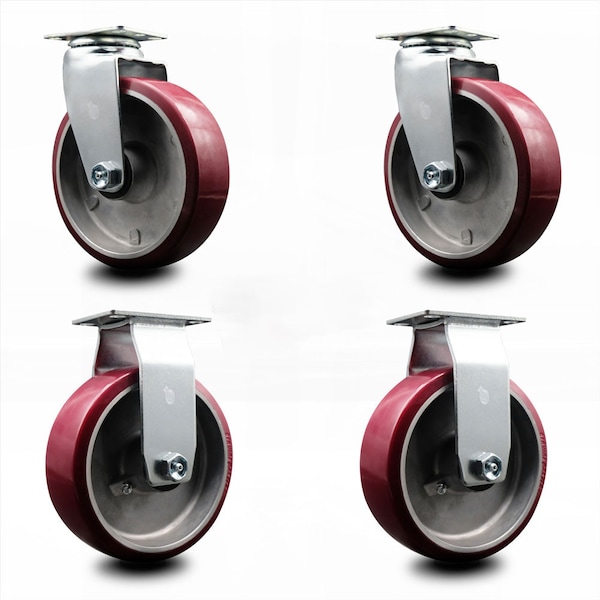 6 Inch Poly on Aluminum Caster Set with Roller Bearings 2 Swivel 2 Rigid SCC
